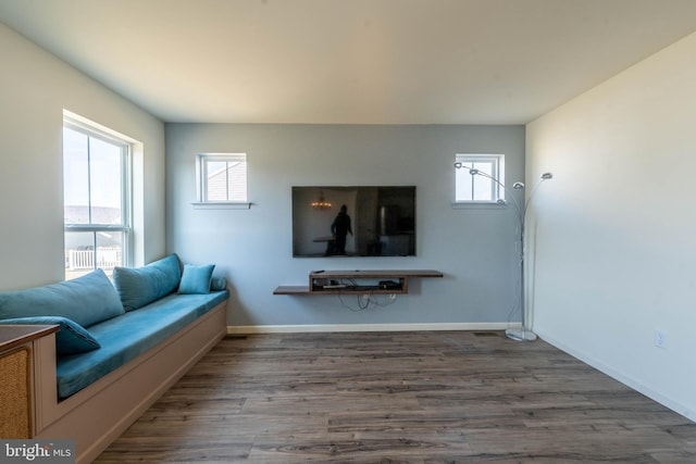 living area with a healthy amount of sunlight, baseboards, and wood finished floors