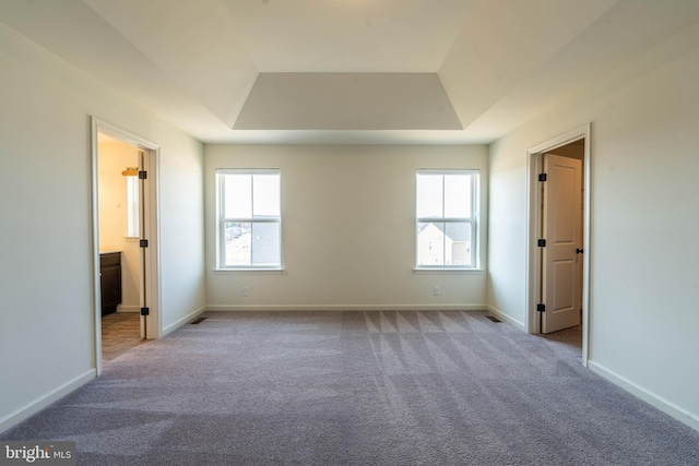 unfurnished bedroom with multiple windows, a raised ceiling, baseboards, and carpet floors