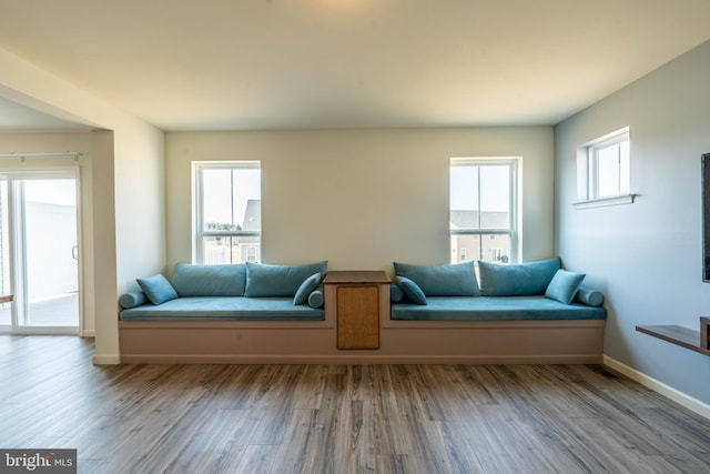 living area with plenty of natural light, wood finished floors, and baseboards