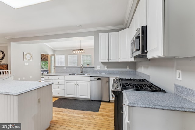 kitchen featuring white cabinetry, stainless steel appliances, ornamental molding, and a sink
