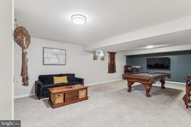 recreation room featuring baseboards, pool table, and carpet
