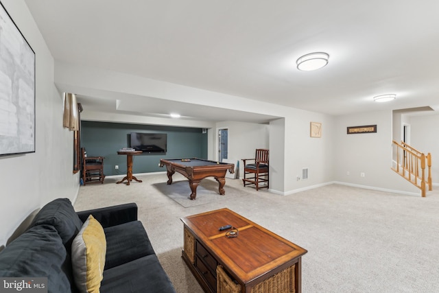 recreation room with carpet, baseboards, visible vents, and billiards