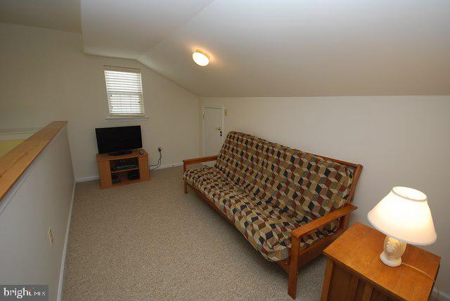 20324 Mallory Ct Unit 49, Rehoboth Beach, DE 19971 - living area featuring carpet flooring, baseboards, and lofted ceiling