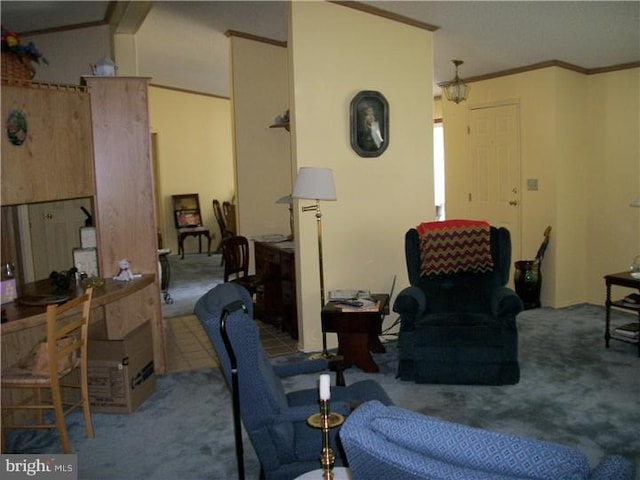 carpeted living area with crown molding