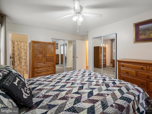 bedroom featuring ceiling fan and light carpet