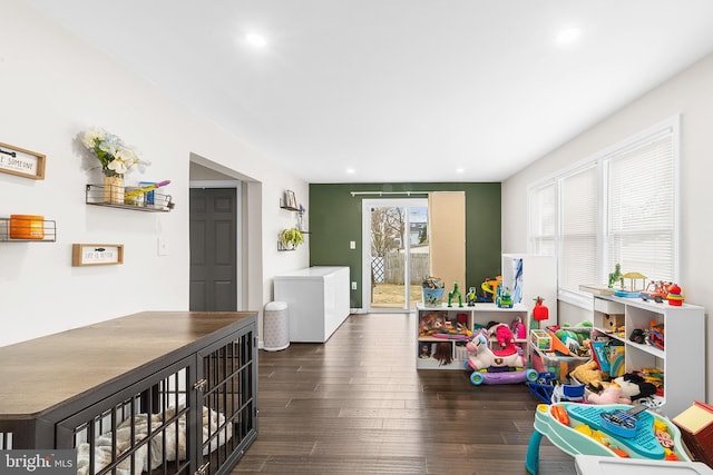 playroom featuring recessed lighting and wood finished floors