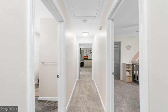 hall featuring baseboards and carpet floors