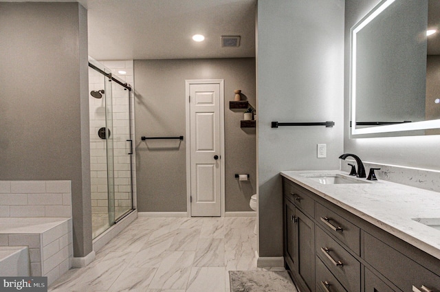 bathroom with visible vents, a sink, marble finish floor, and a stall shower