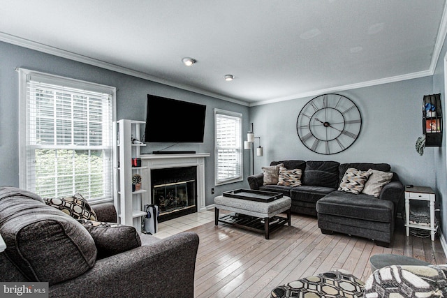 living area with a fireplace with flush hearth, ornamental molding, and light wood-style flooring