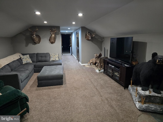 living area featuring lofted ceiling, carpet flooring, recessed lighting, and baseboards