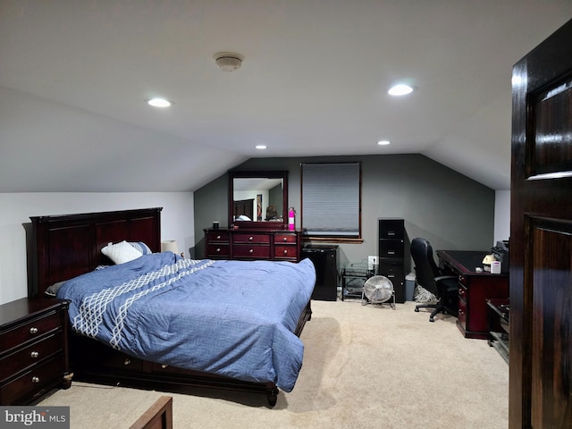 bedroom featuring recessed lighting, lofted ceiling, and carpet