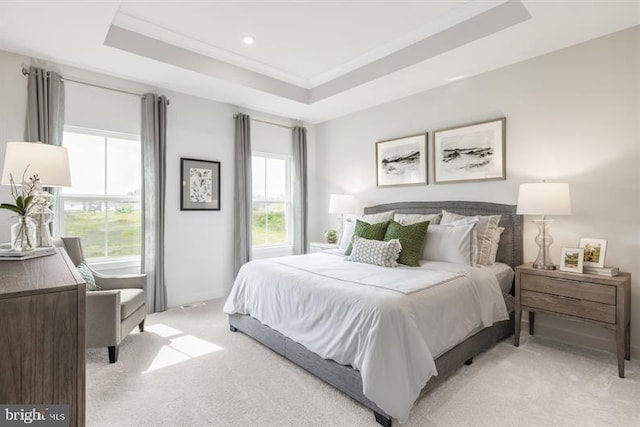 bedroom featuring a tray ceiling, multiple windows, light colored carpet, and ornamental molding