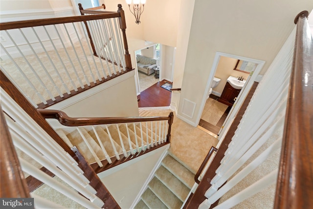 stairs featuring carpet and a towering ceiling