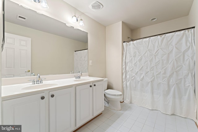 full bathroom with tile patterned floors, double vanity, toilet, a sink, and visible vents