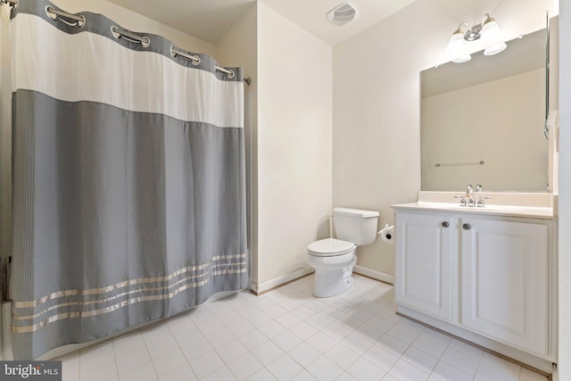 full bathroom with vanity, curtained shower, tile patterned floors, toilet, and visible vents