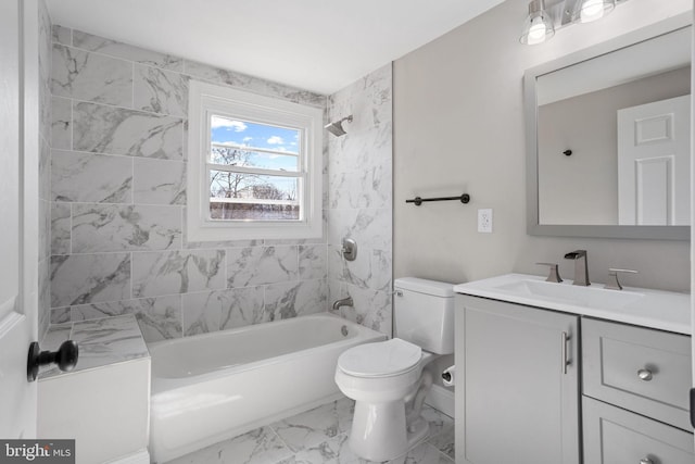 full bath with marble finish floor, vanity, toilet, and washtub / shower combination