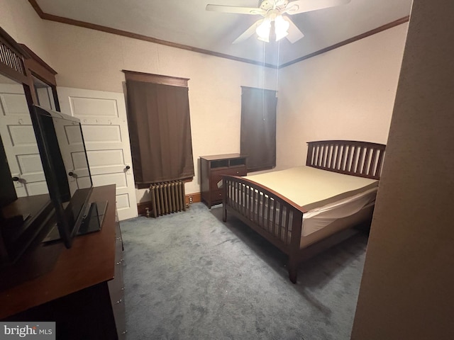 bedroom featuring ceiling fan, radiator, ornamental molding, and carpet flooring