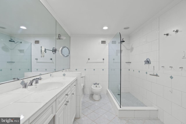 2700 Virginia Ave NW Unit 811, Washington, DC 20037 - bathroom featuring tile walls, a bidet, ornamental molding, a tile shower, and vanity