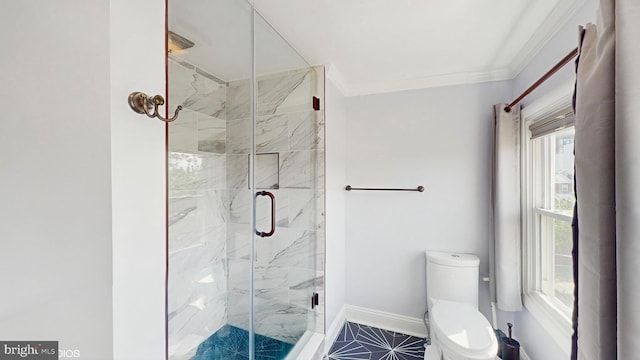 full bath featuring crown molding, a marble finish shower, baseboards, and toilet