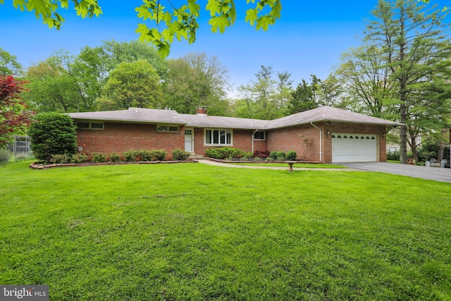 8601 Warfield Rd, Gaithersburg, MD 20882 - ranch-style house with brick siding, a garage, a front yard, and a chimney