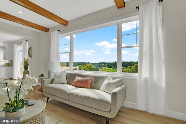 living area with beam ceiling, baseboards, light wood-type flooring, and a wealth of natural light