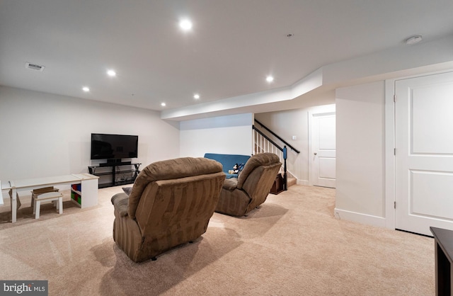 427 Whispering Elm Ln, Millersville, MD 21108 - living room with light carpet, recessed lighting, stairway, and baseboards