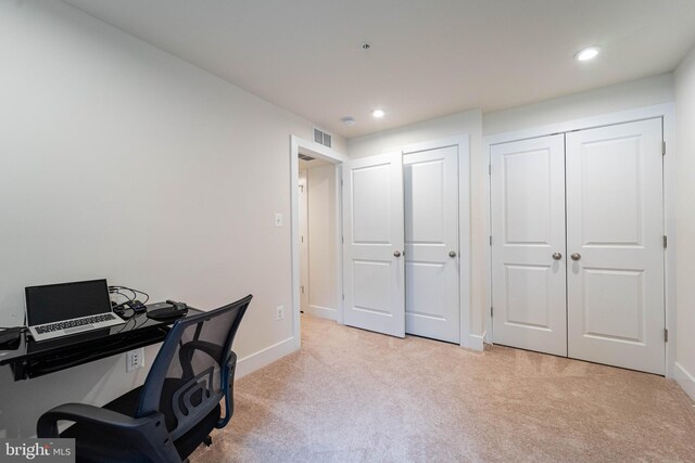 427 Whispering Elm Ln, Millersville, MD 21108 - home office featuring light carpet, baseboards, and recessed lighting