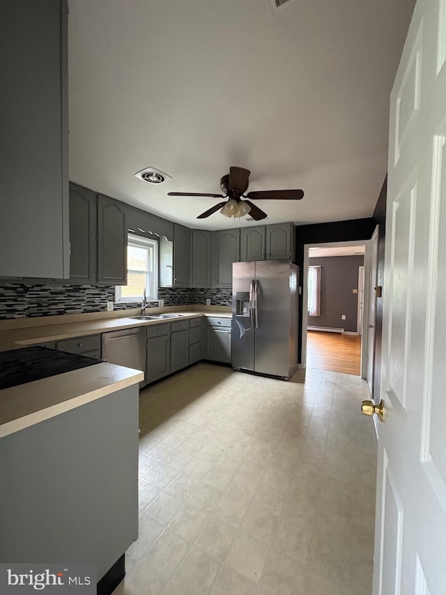 205 Parkway St, Winchester, VA 22601 - kitchen featuring appliances with stainless steel finishes, gray cabinets, a sink, ceiling fan, and decorative backsplash