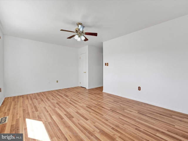 unfurnished room with visible vents, baseboards, light wood-style floors, and ceiling fan