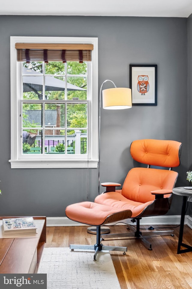 sitting room featuring plenty of natural light, baseboards, and hardwood / wood-style flooring