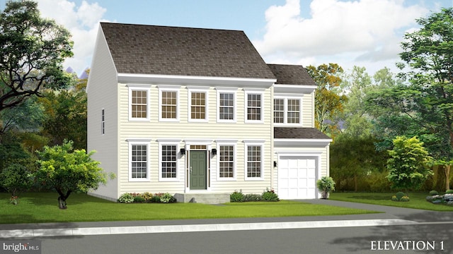 colonial home with a front yard, driveway, a garage, and roof with shingles