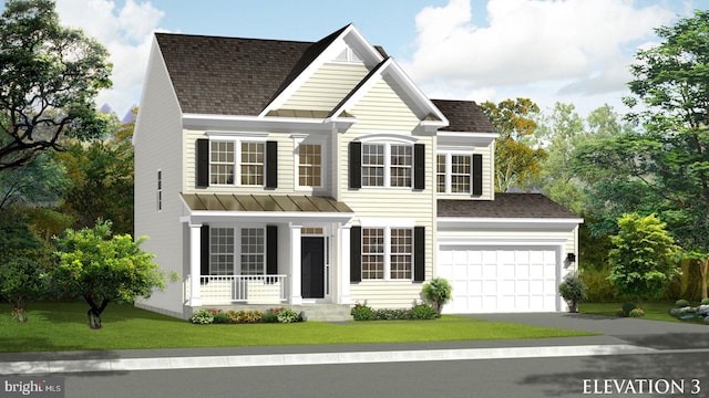 view of front of home featuring driveway, a front yard, roof with shingles, and an attached garage