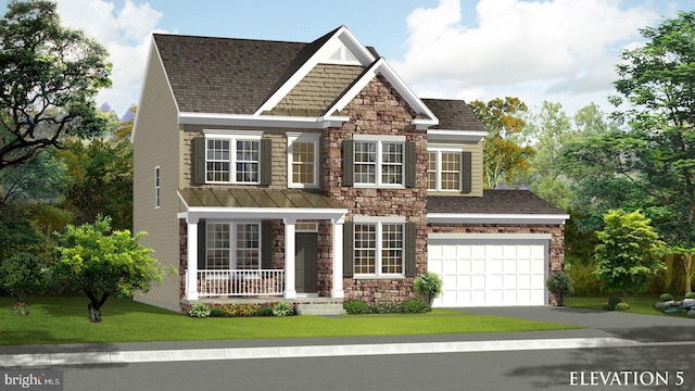 view of front facade featuring driveway, a porch, a front lawn, a garage, and stone siding
