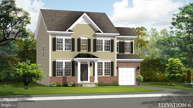 colonial home with brick siding, an attached garage, driveway, and a front lawn