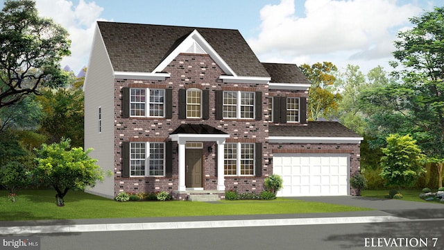 view of front facade with brick siding, an attached garage, driveway, and a front yard