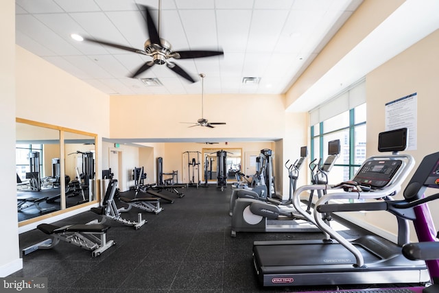 gym featuring visible vents, a high ceiling, a drop ceiling, and a ceiling fan