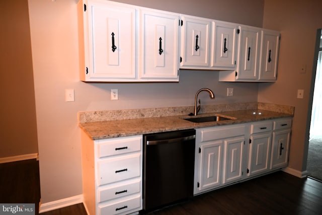 3539 Smokethorn Ct, Waldorf, MD 20602 - kitchen with a sink, white cabinets, dishwashing machine, light stone countertops, and dark wood-style flooring