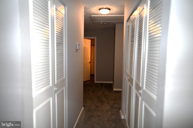 3539 Smokethorn Ct, Waldorf, MD 20602 - hall featuring attic access, baseboards, dark carpet, and a textured ceiling