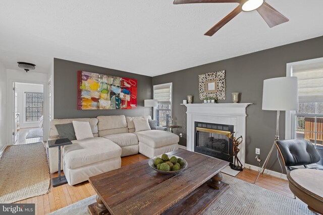 4204 Old Fincastle Rd, Fincastle, VA 24090 - living area with baseboards, a fireplace, light wood-style floors, and ceiling fan