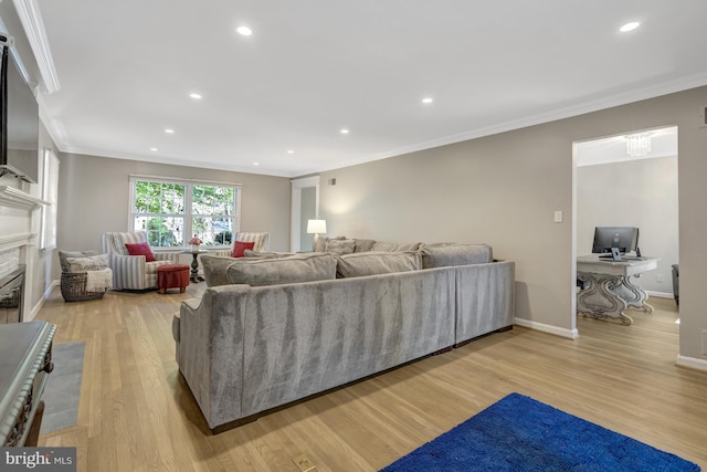 3313 Midland Rd, Fairfax, VA 22031 - living room featuring recessed lighting, ornamental molding, and light wood-style flooring