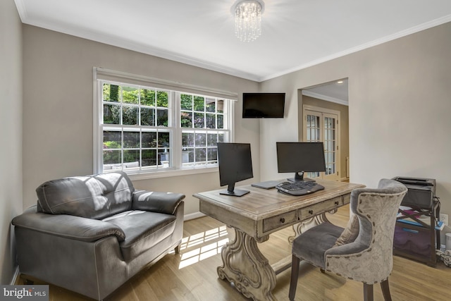 3313 Midland Rd, Fairfax, VA 22031 - home office featuring an inviting chandelier, ornamental molding, wood finished floors, baseboards, and french doors