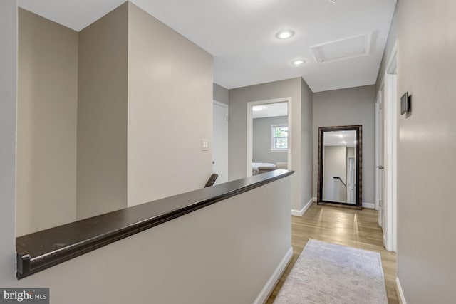 3313 Midland Rd, Fairfax, VA 22031 - hallway featuring baseboards, attic access, recessed lighting, light wood-style flooring, and an upstairs landing