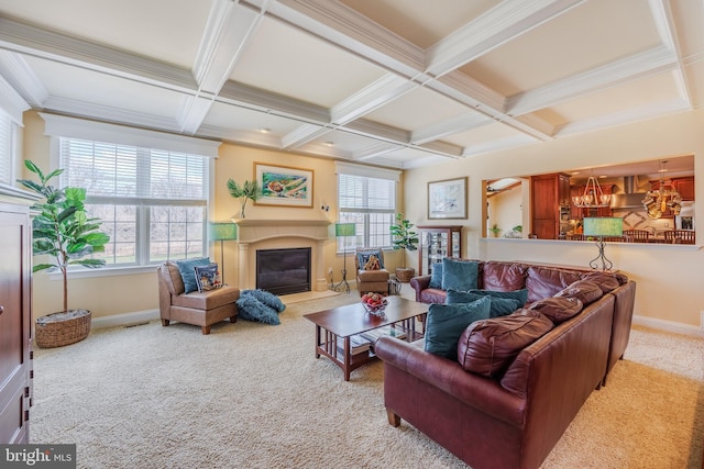 14926 Victory Ln, Glenelg, MD 21737 - carpeted living area with baseboards, a glass covered fireplace, coffered ceiling, and beam ceiling