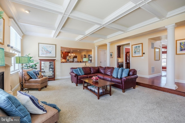 14926 Victory Ln, Glenelg, MD 21737 - carpeted living room featuring decorative columns, coffered ceiling, and a healthy amount of sunlight