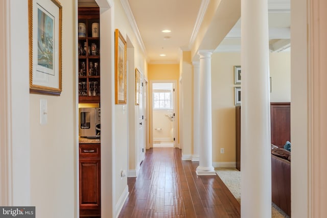 14926 Victory Ln, Glenelg, MD 21737 - corridor featuring decorative columns, dark wood finished floors, baseboards, ornamental molding, and recessed lighting