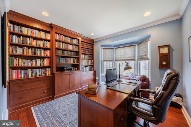 14926 Victory Ln, Glenelg, MD 21737 - home office featuring recessed lighting, crown molding, baseboards, and dark wood finished floors