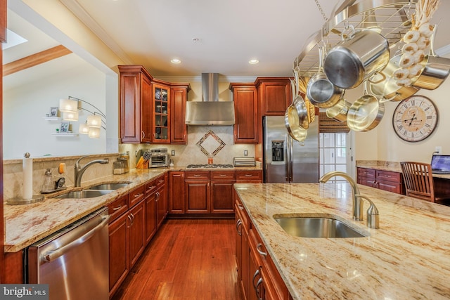 14926 Victory Ln, Glenelg, MD 21737 - kitchen featuring dark wood-style flooring, wall chimney exhaust hood, a sink, and stainless steel appliances