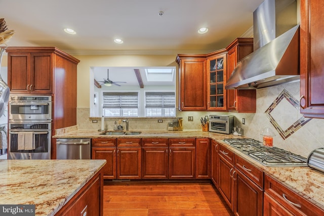 14926 Victory Ln, Glenelg, MD 21737 - kitchen with wall chimney exhaust hood, stainless steel appliances, dark wood finished floors, glass insert cabinets, and a sink