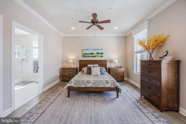 14926 Victory Ln, Glenelg, MD 21737 - bedroom featuring ornamental molding, baseboards, light wood-style floors, and connected bathroom