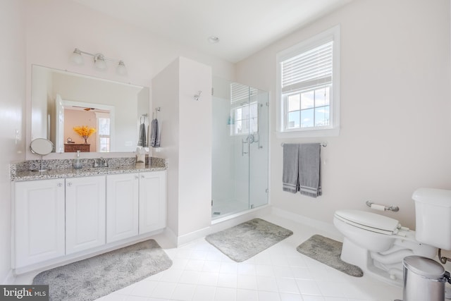 14926 Victory Ln, Glenelg, MD 21737 - bathroom featuring baseboards, toilet, vanity, a stall shower, and tile patterned flooring